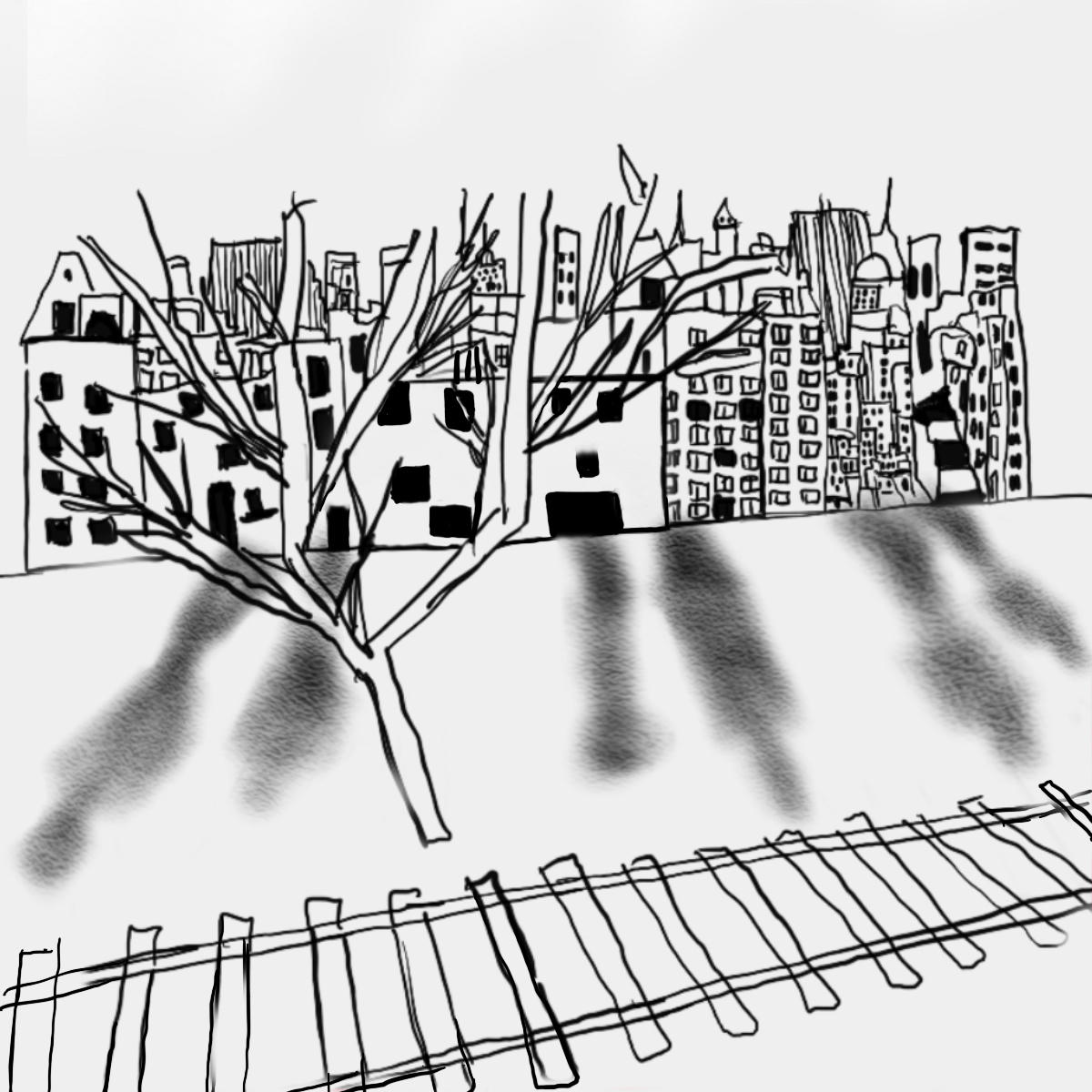 Un paesaggio urbano stilizzato in bianco e nero, con paalzzi sullo sfondo e in primo piano binari di una ferrovia.